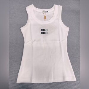 WMiu Miu White Ribbed Logo Tank Top New With Tags S